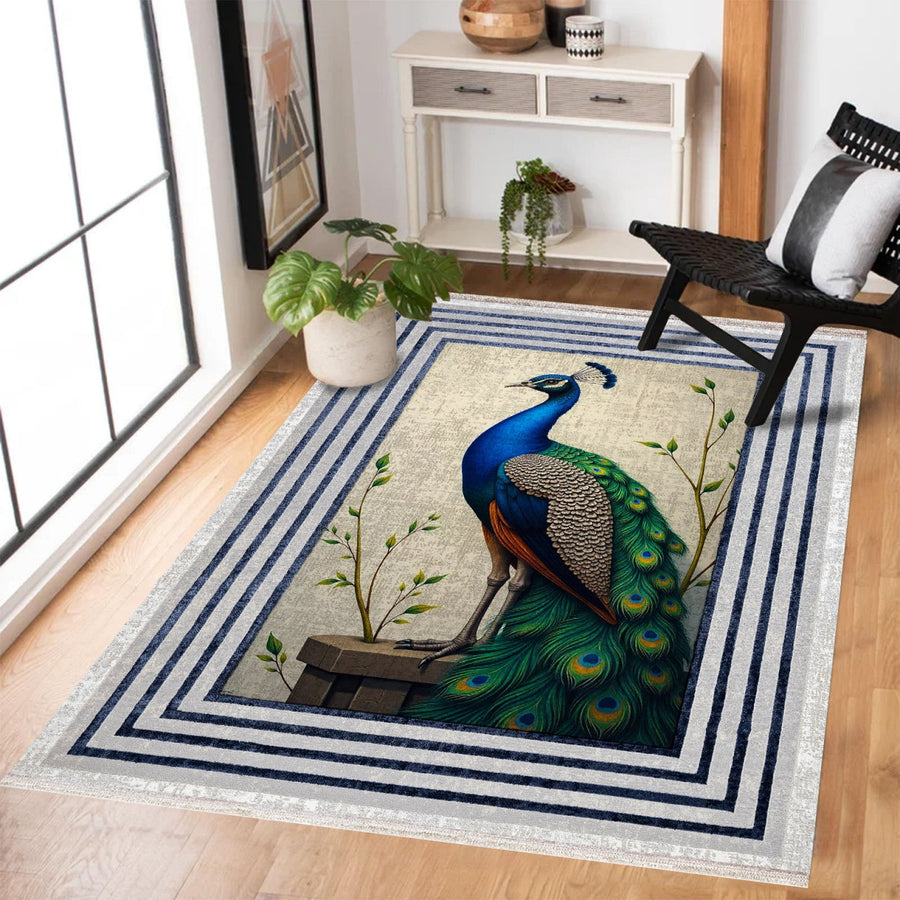 Klasik Kobalt Mavi Geometrik Desenli Polyester Salon Halısı