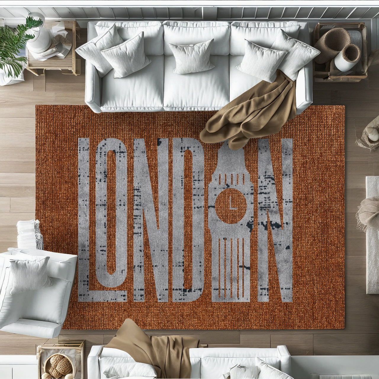 Kiremit Gri Eskitme Salon Halısı - Polyester