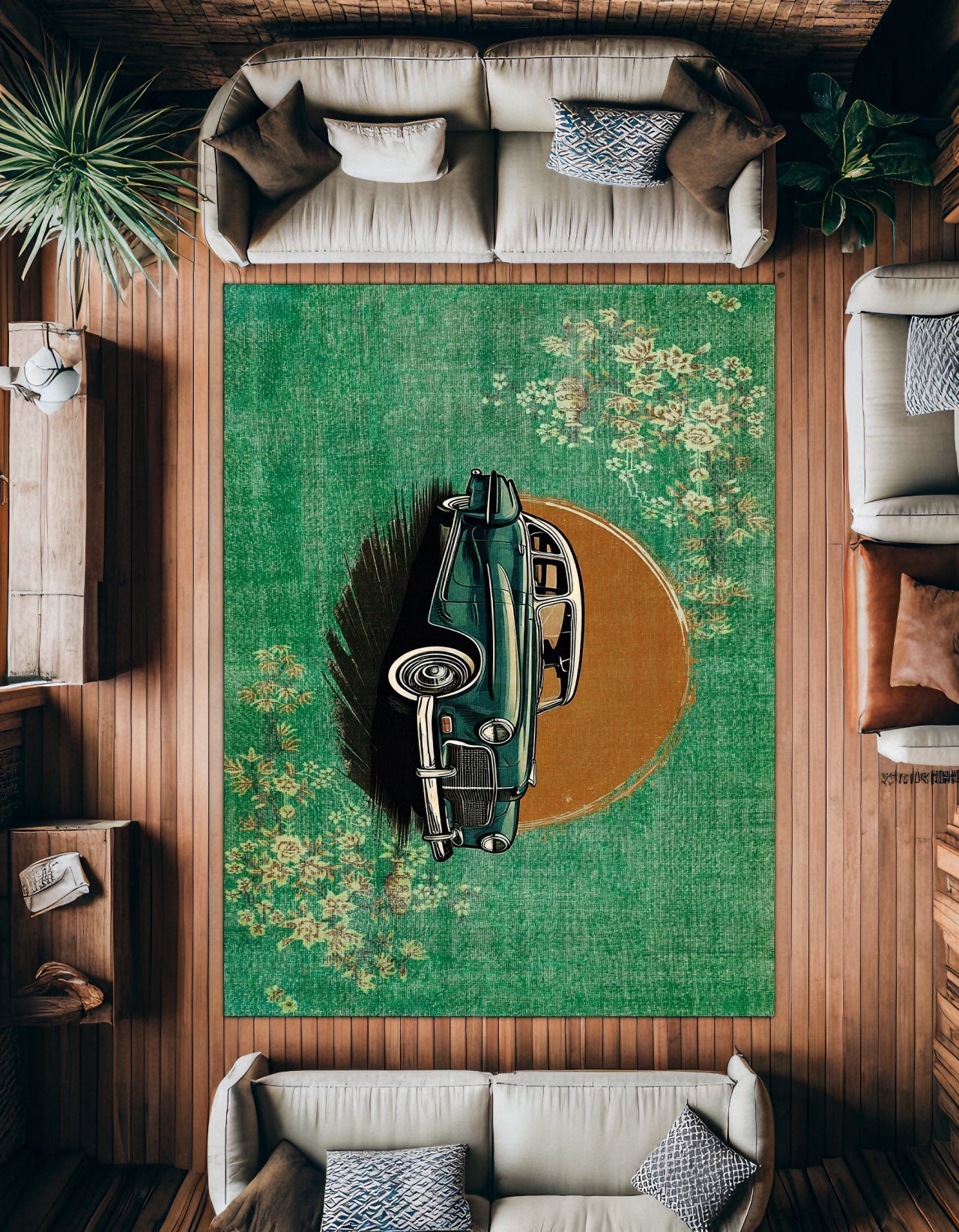 Klasik Yeşil Desenli Polyester Salon Halısı