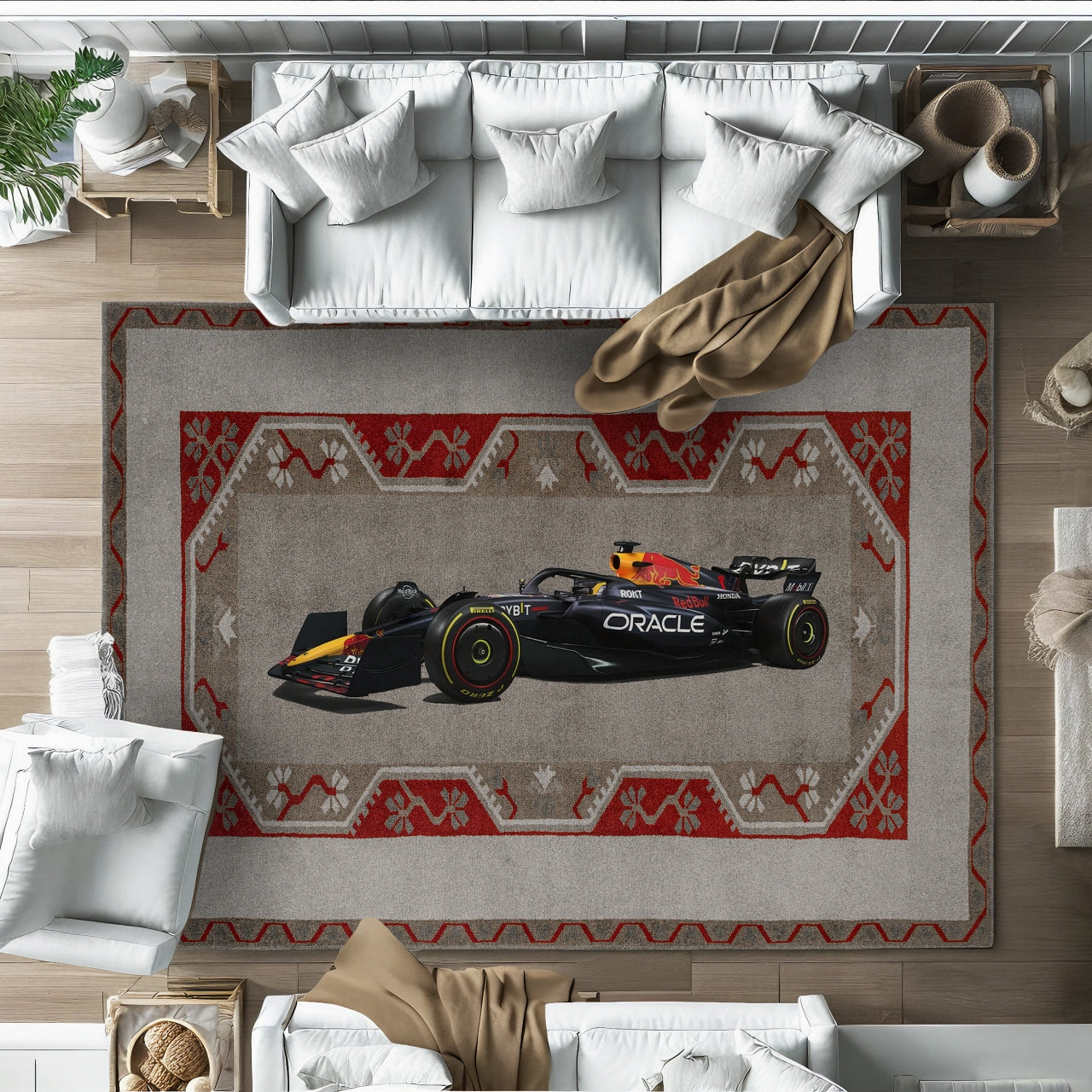 Modern Koyu Gri Geometrik Desenli Polyester Salon Halısı