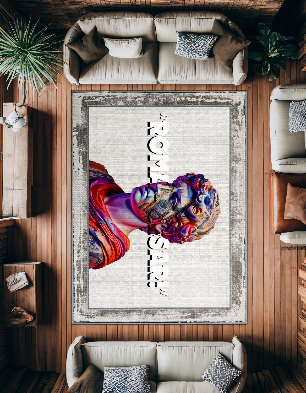 Krem Mor Modern Salon Halısı - Polyester