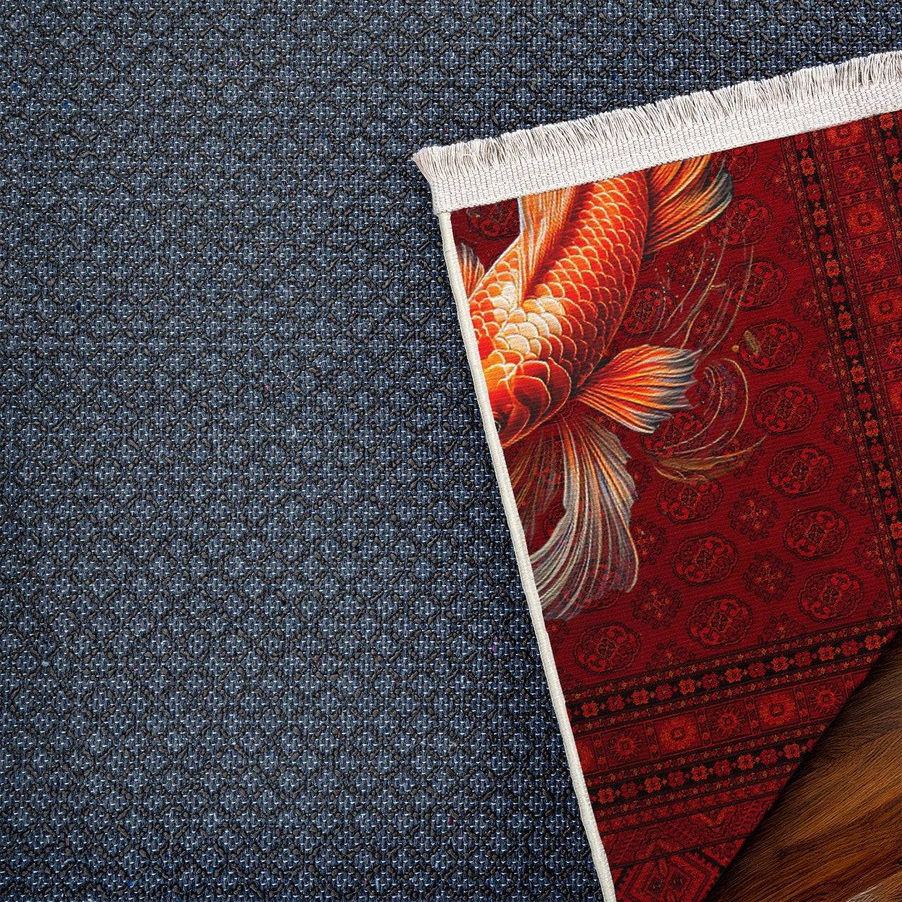 Koi Balığı Desenli Kaymaz Tabanlı Yıkanabilir Halı