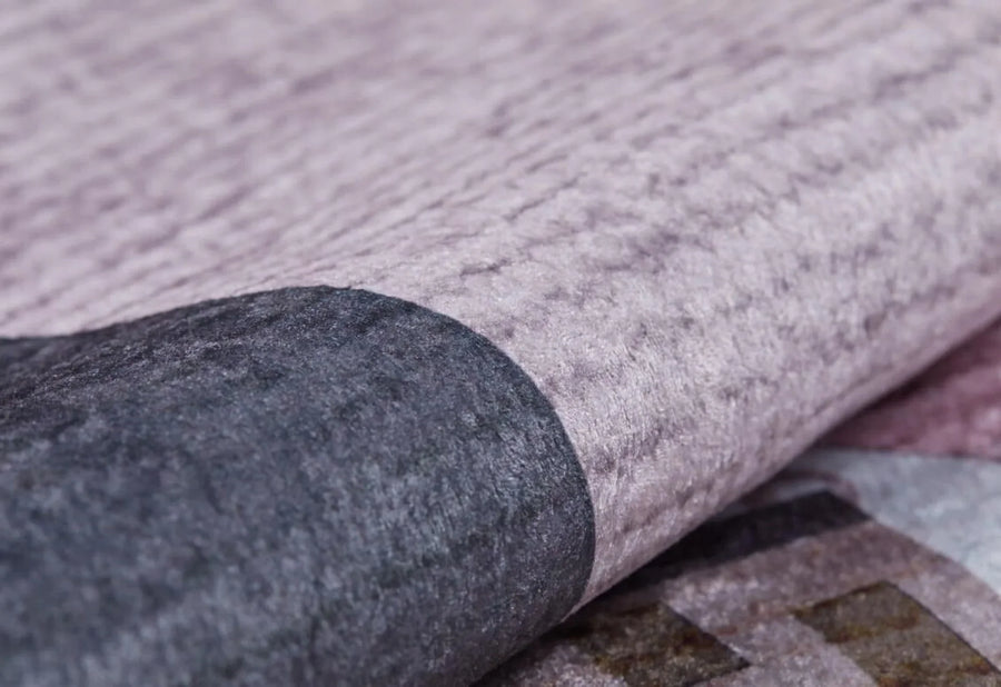 Grey and Pink Plaid Kids' Area Rug – texture close-up
