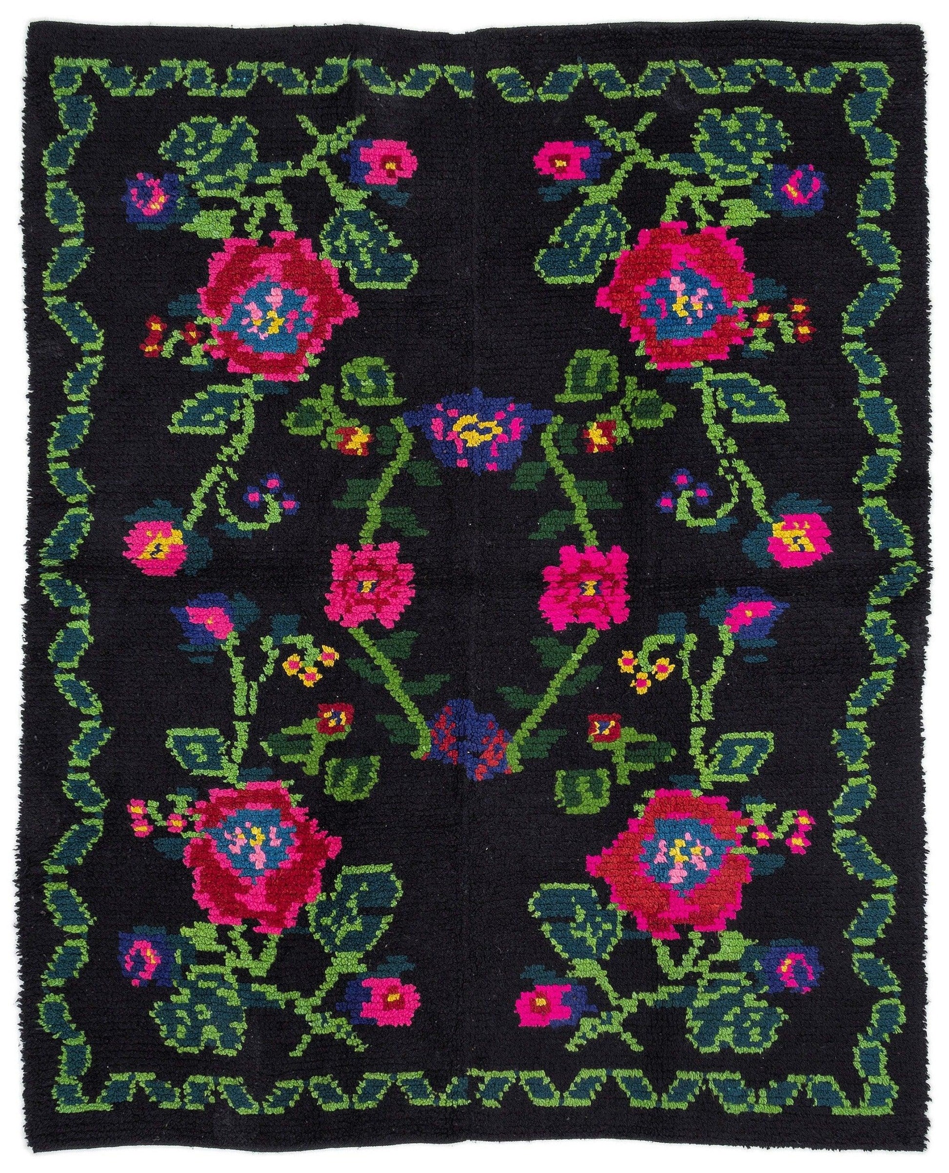 Siyah Karabağ Bohem Çiçekli Yün Halı 158x200 - Özel Seri