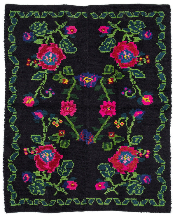 Siyah Karabağ Bohem Çiçekli Yün Halı 158x200 - Özel Seri