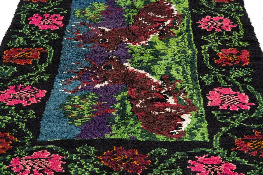 Siyah Anadolu Bohem Çiçekli Yün Halı 140x202 - Özel Seri