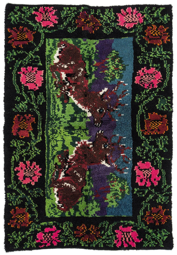 Siyah Anadolu Bohem Çiçekli Yün Halı 140x202 - Özel Seri