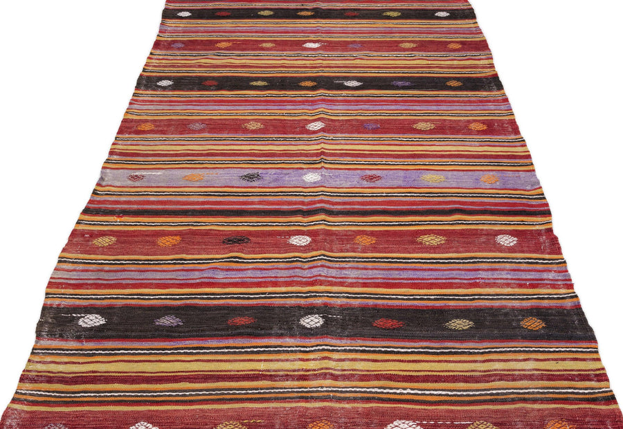 Beyaz Bordo Anadolu Bohem Geometrik Yün Halı 143x350 - Özel Seri