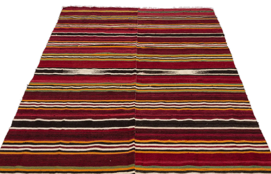 Beyaz Bordo Anadolu Bohem Çizgili Yün Halı 147x258 - Özel Seri