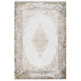 Cream Beige Distressed Medallion Living Room Rug - Acrylic Machine Woven