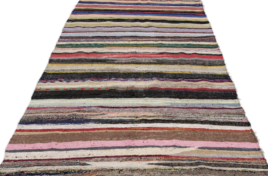 Bej Anadolu Bohem Çizgili Yün Halı 175x338 - Özel Seri