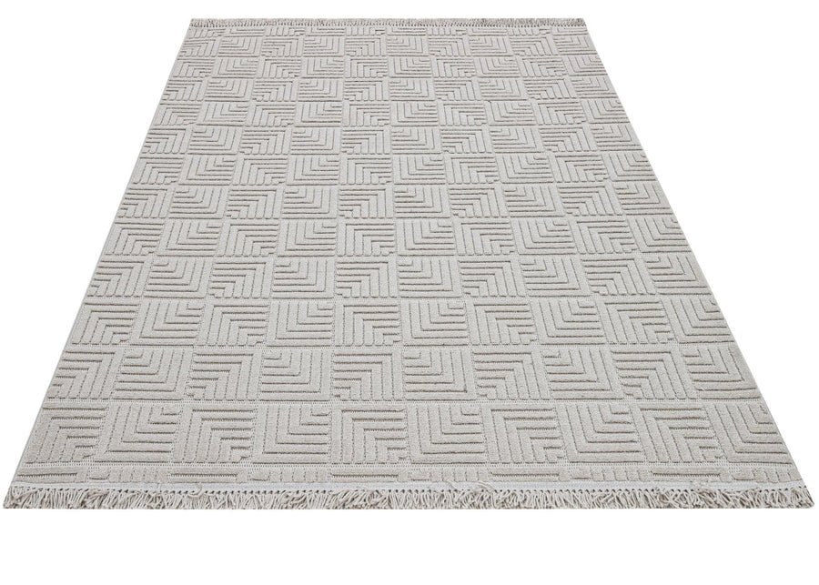 Ecru Geometric Area Rug with Embossed Pattern – in the living room