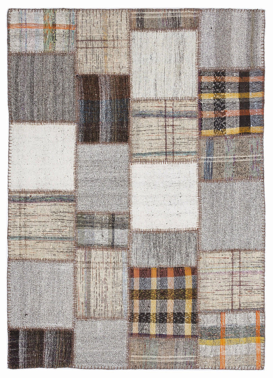 Bej Beyaz Anadolu Modern Çizgili Yün Halı 160x230 - Özel Seri