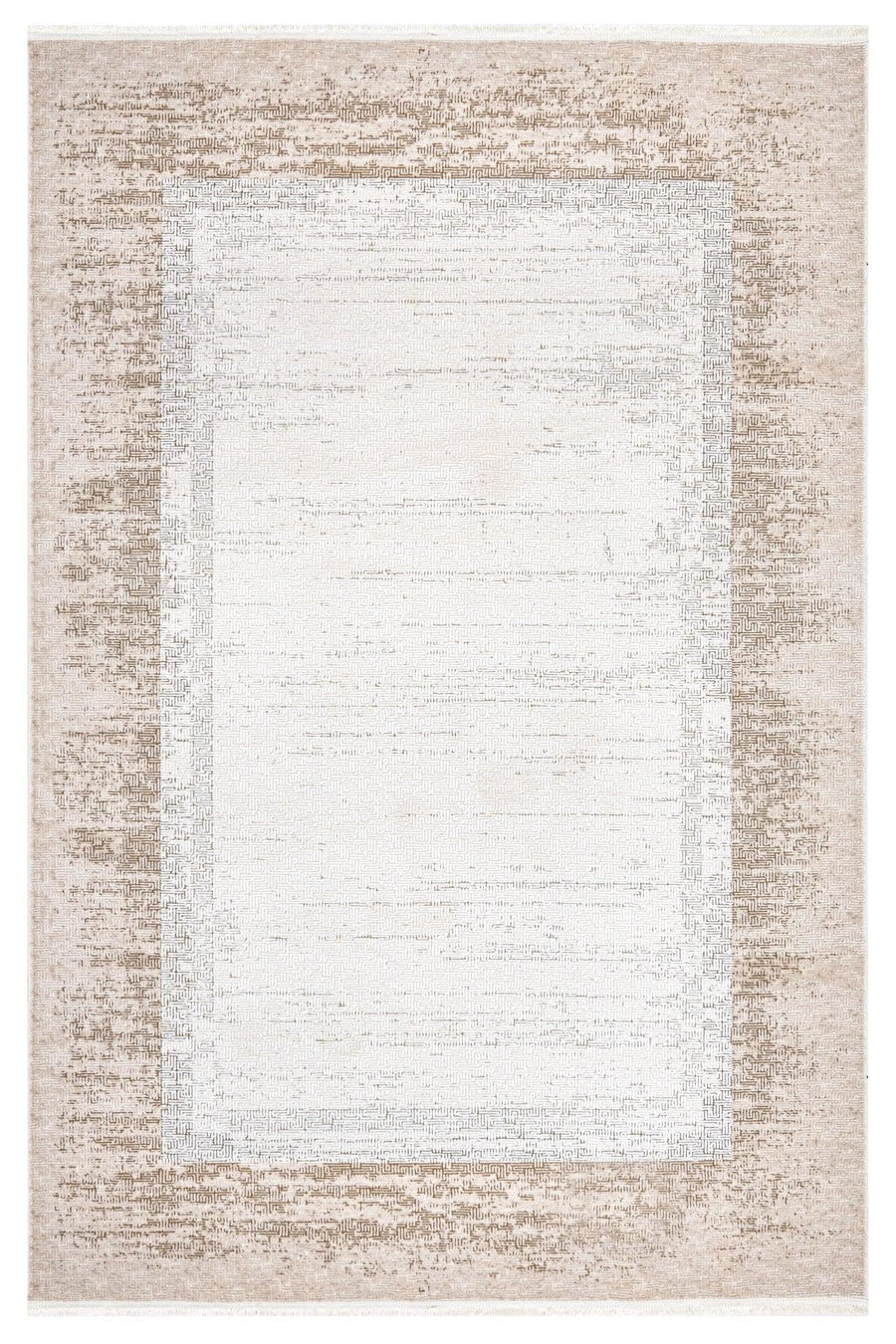 Weißer Teppich mit beigem geometrischem Muster, waschbar – im Wohnzimmer