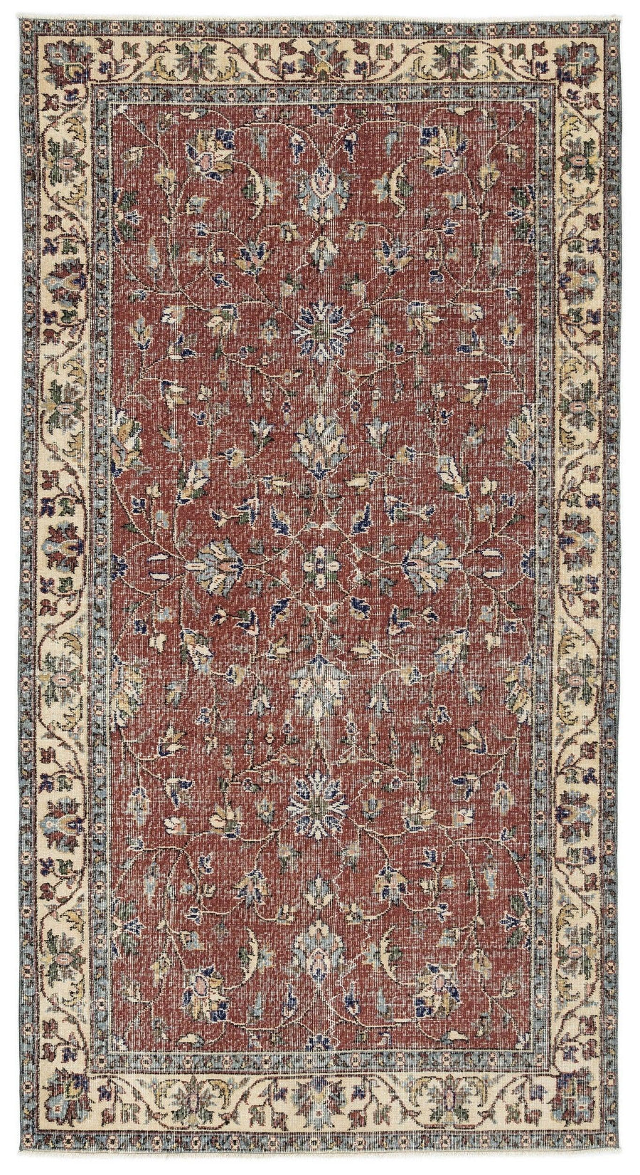 Bej Kiremit Anadolu Eskitme Çiçekli Yün Halı 148x278 - Özel Seri