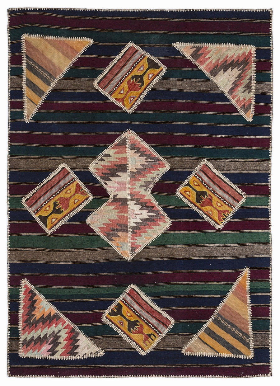 Mavi Yeşil Anadolu Bohem Geometrik Yün Halı 160x230 - Özel Seri