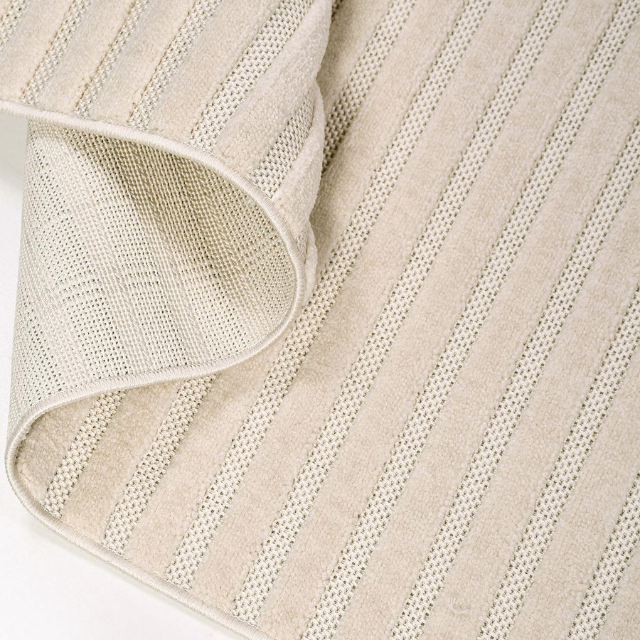 Cream and Beige Striped Area Rug with Textured Weave – in the hallway