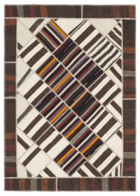 Brown Geometric Flatweave Kilim Rug with Cream Border 170x240 cm (5'7" x 7'10")