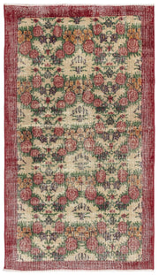 Bej Anadolu Eskitme Çiçekli Yün Halı 111x195 - Özel Seri