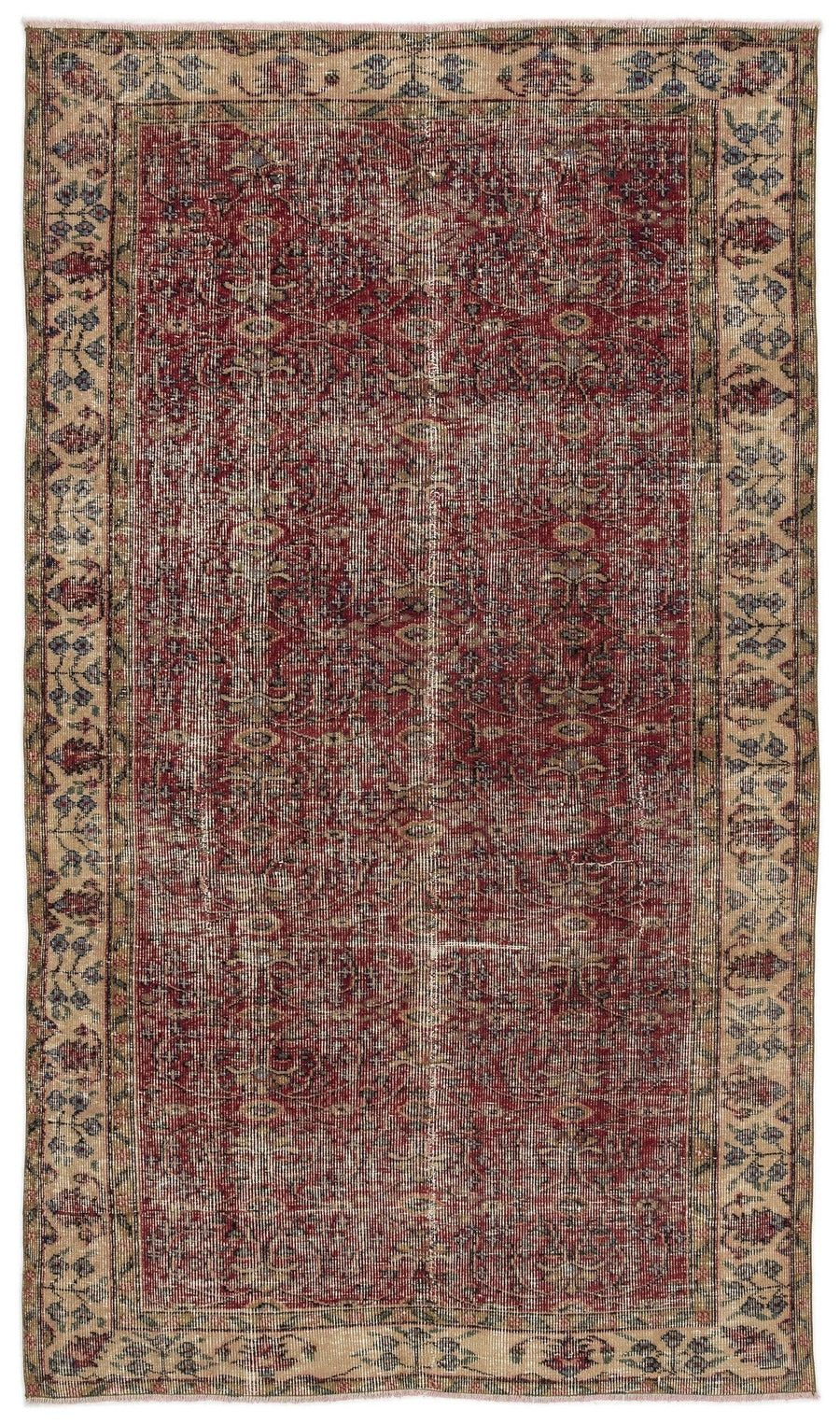 Kırmızı Anadolu Eskitme Çiçekli Yün Halı 142x247 - Özel Seri