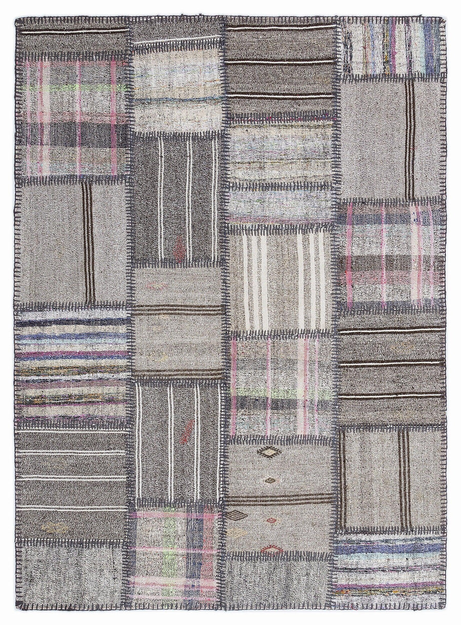 Gri Anadolu Modern Çizgili Yün Halı 160x230 - Özel Seri