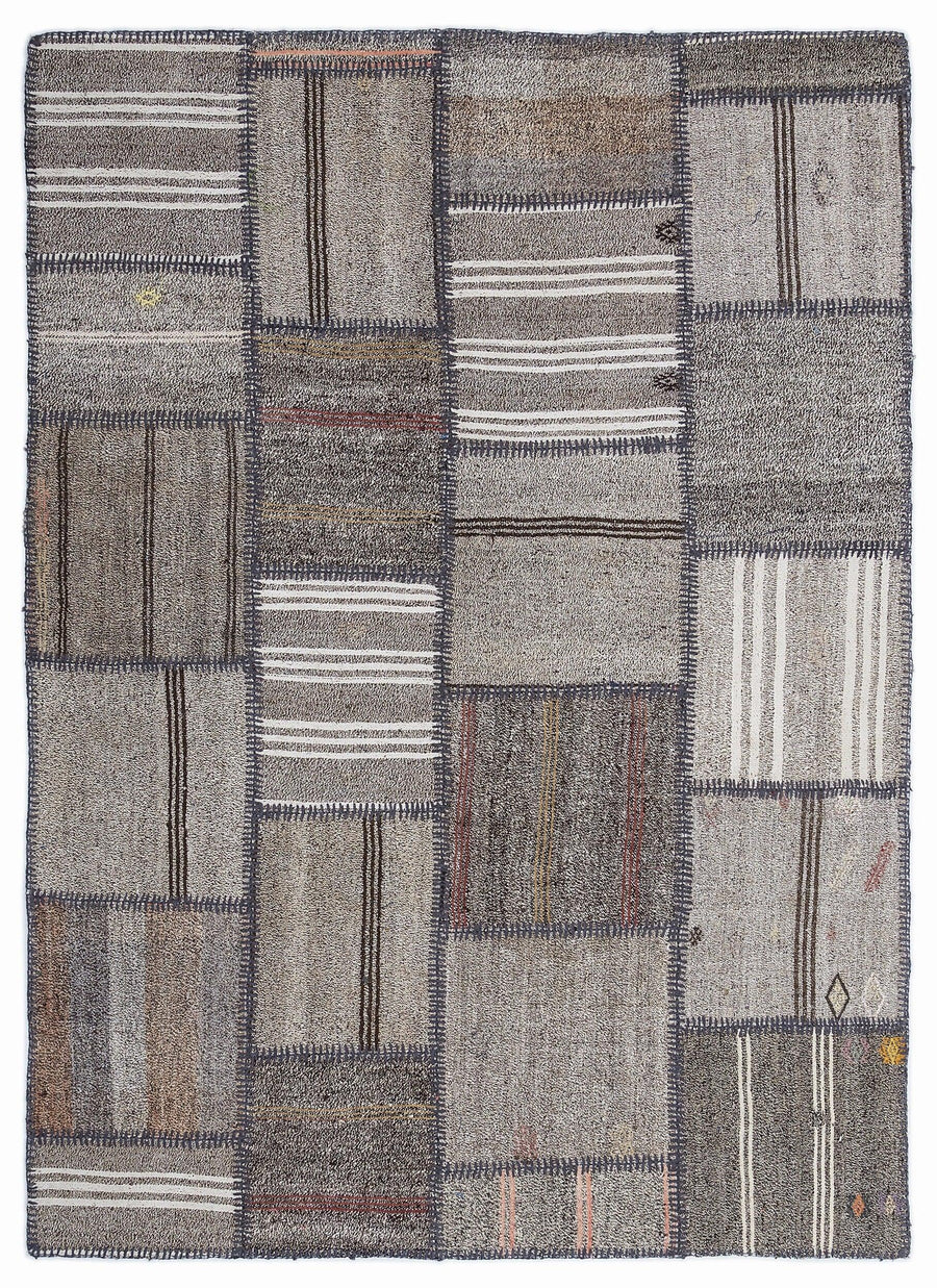 Bej Beyaz Anadolu Modern Çizgili Yün Halı 160x230 - Özel Seri