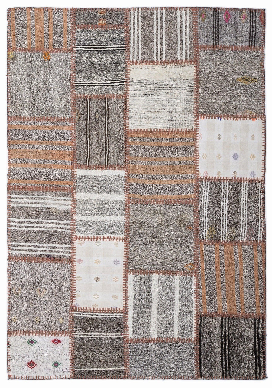 Bej Gri Anadolu Modern Çizgili Yün Halı 160x230 - Özel Seri