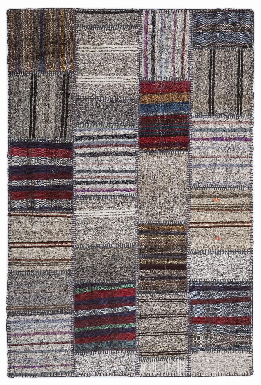 Gri Kırmızı Anadolu Bohem Geometrik Yün Halı 160x230 - Özel Seri