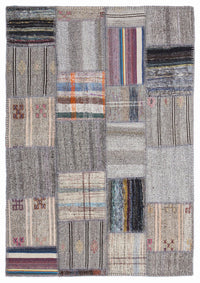 Gri Bej Bohem Patchwork Salon Halısı Geometrik