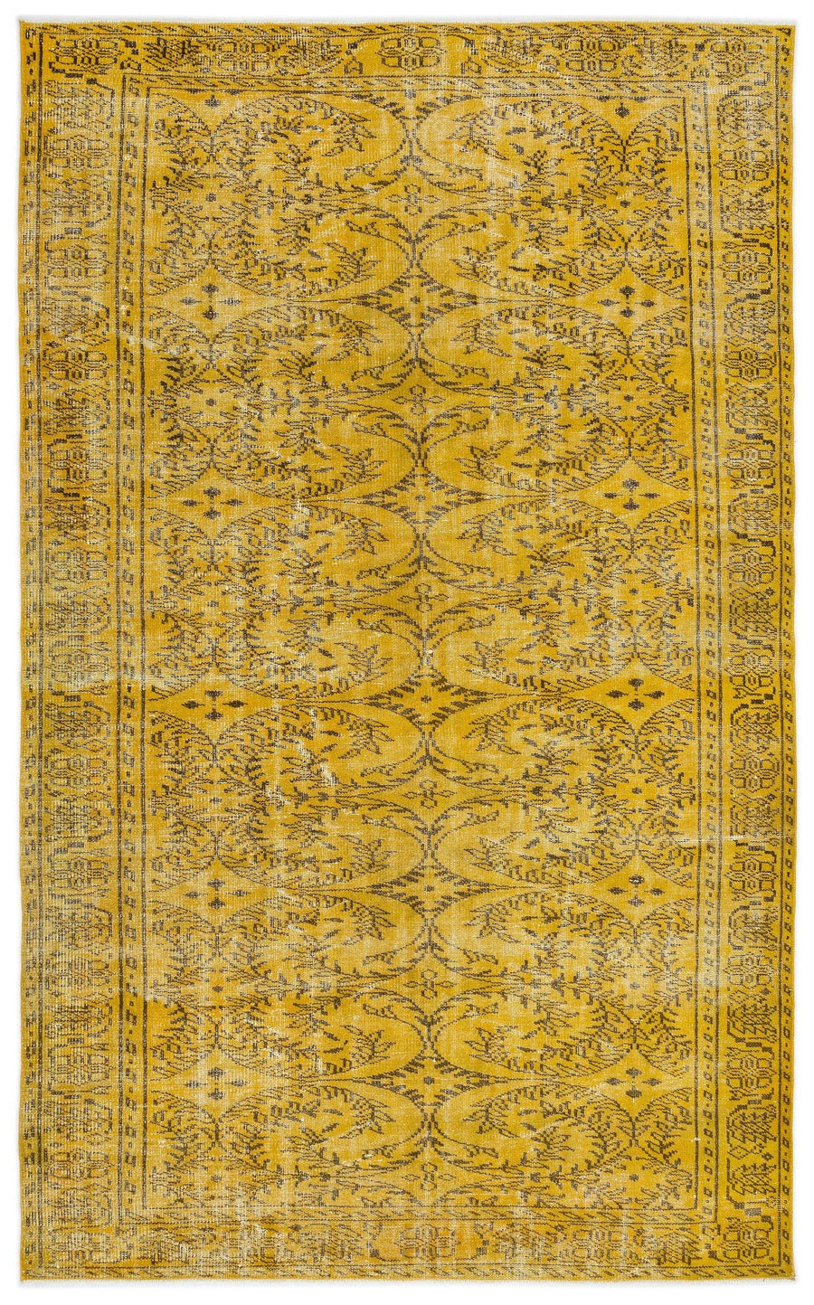 Sarı El Dokuma Halı Çiçekli Siyah Detaylı Bordürlü 175x285 cm 13308 – Koridor kullanımı