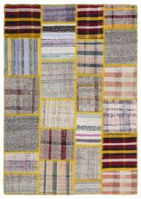 Grauer Wollteppich mit buntem geometrischem Muster 160x230 cm