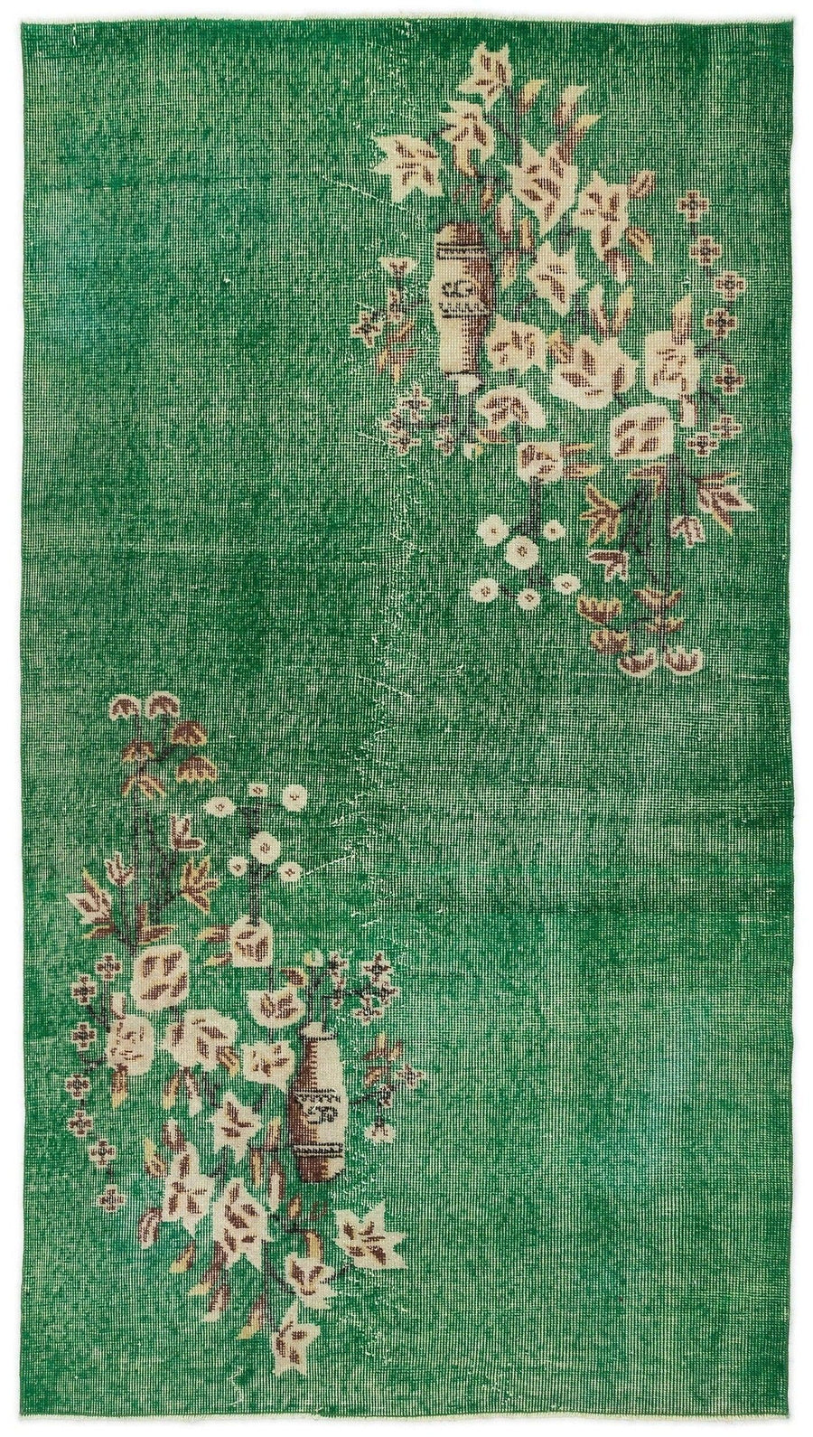 Emerald Green & Cream Floral Vintage Rug 112x202 cm (3'8" x 6'8") – in the hallway