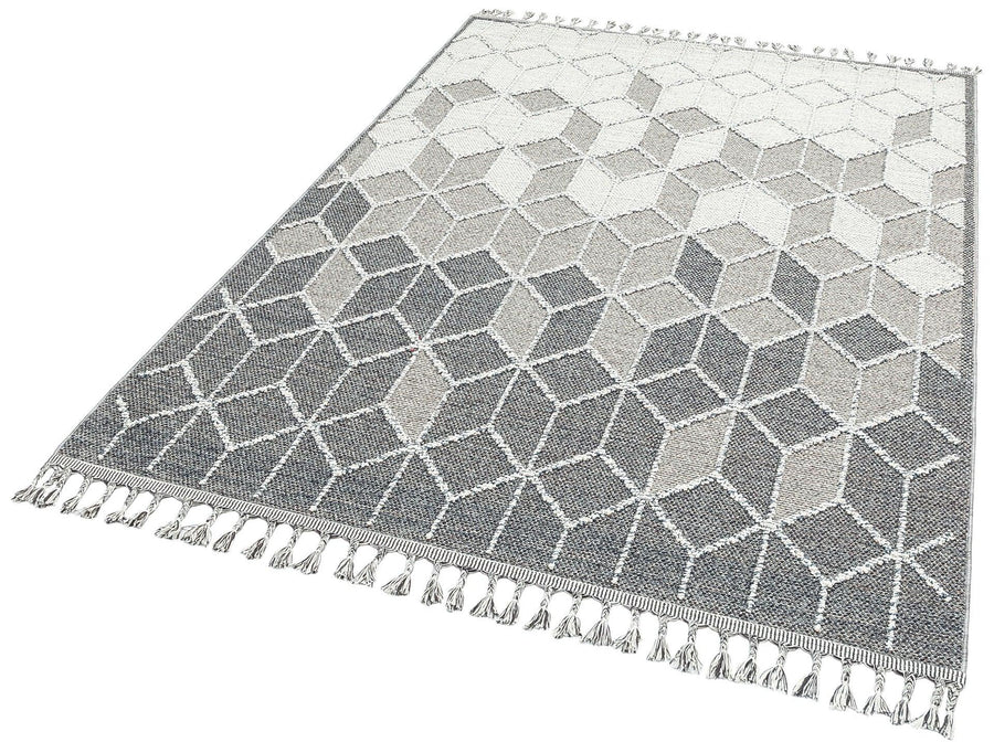 Beyaz Gri Geometrik Hasır Triko Halı - Toz Vermez