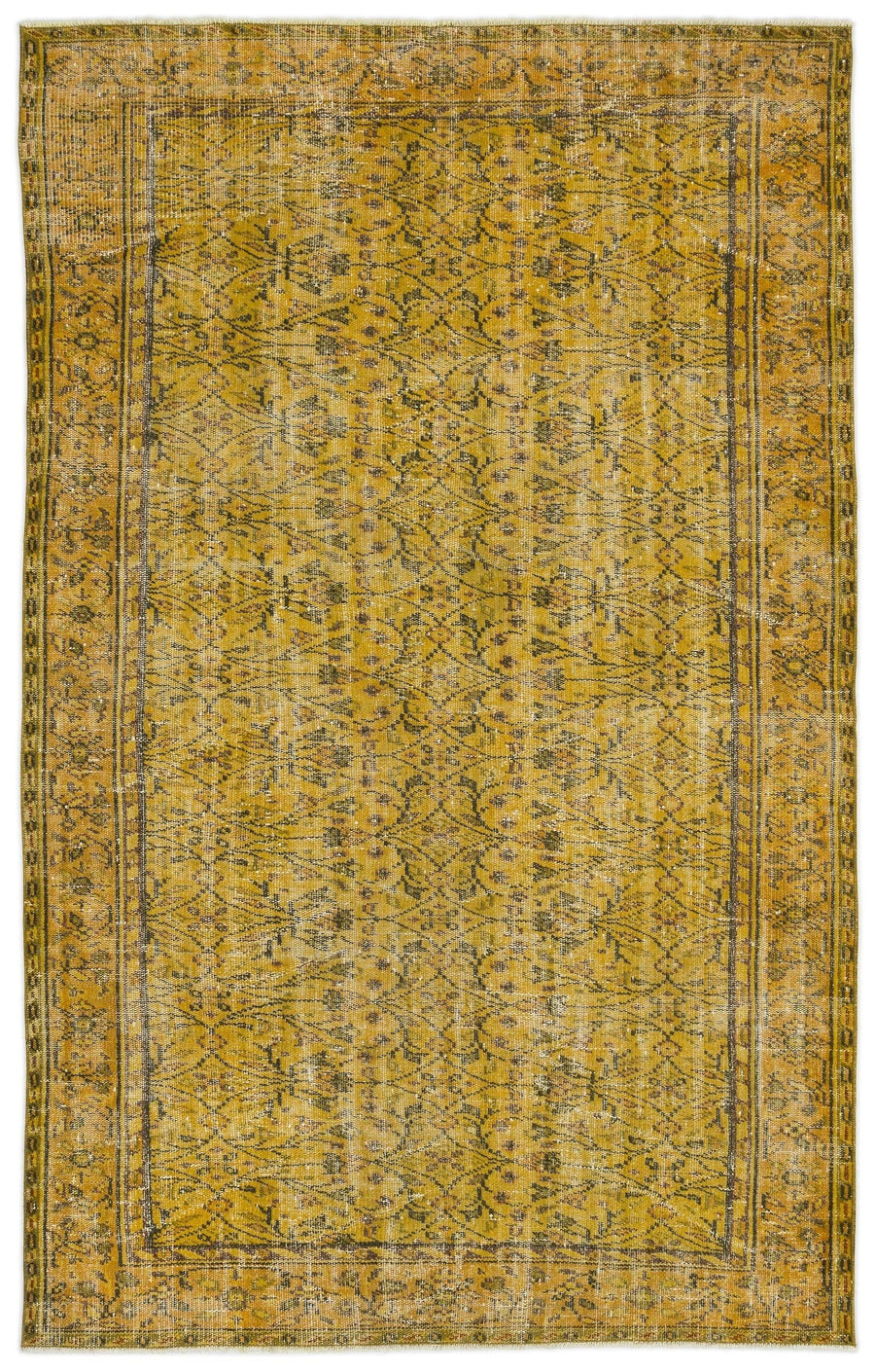 Eskitme Sarı Çiçek Desenli Yün El Dokuma Halı 173x280 cm – Koridor kullanımı