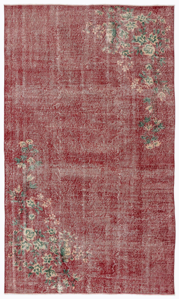 Kırmızı Anadolu Eskitme Çiçekli Yün Halı 169x281 - Özel Seri