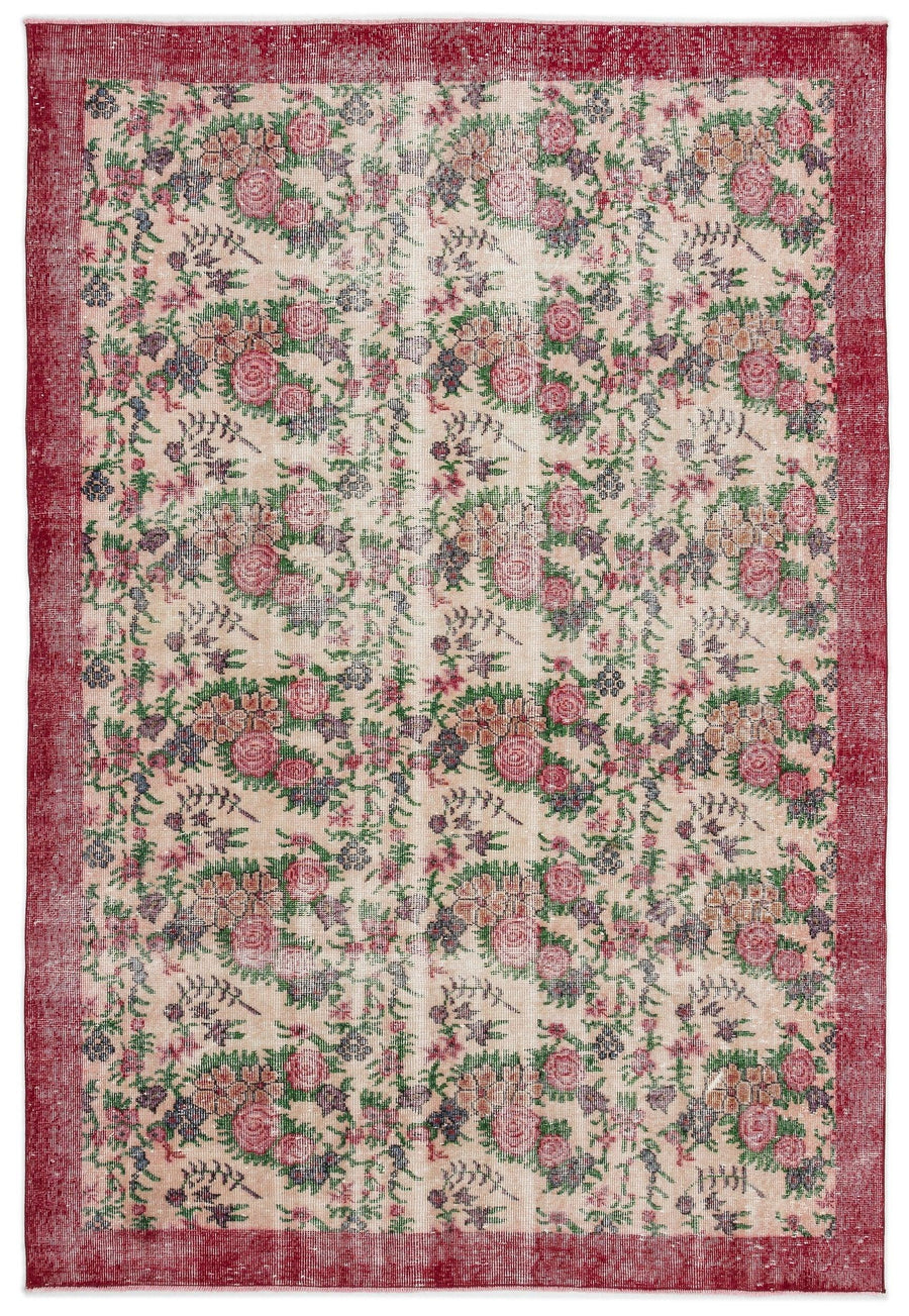 Cream and Red Floral Vintage Hand-Woven Rug 188x280 cm (6'2" x 9'2") – in the living room