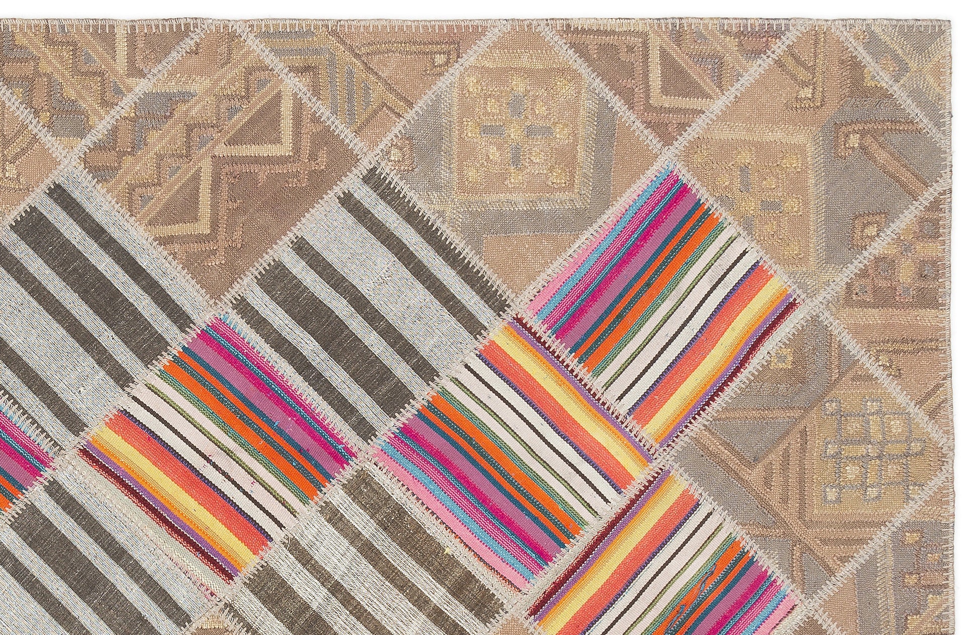Teselya Bej Çizgili Yün El Dokuma Halısı 132 x 222 Apex Unique