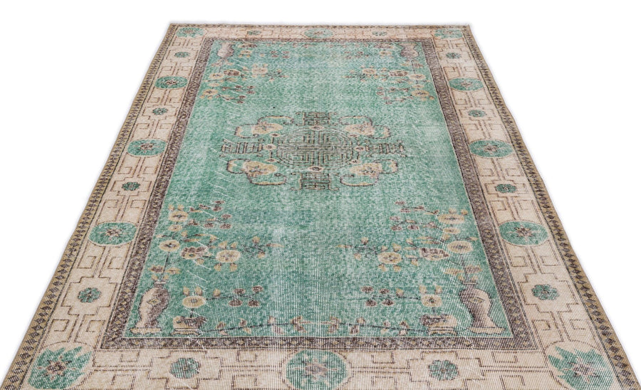 Yeşil Eskitme Geometrik Yün Halı 154x261
