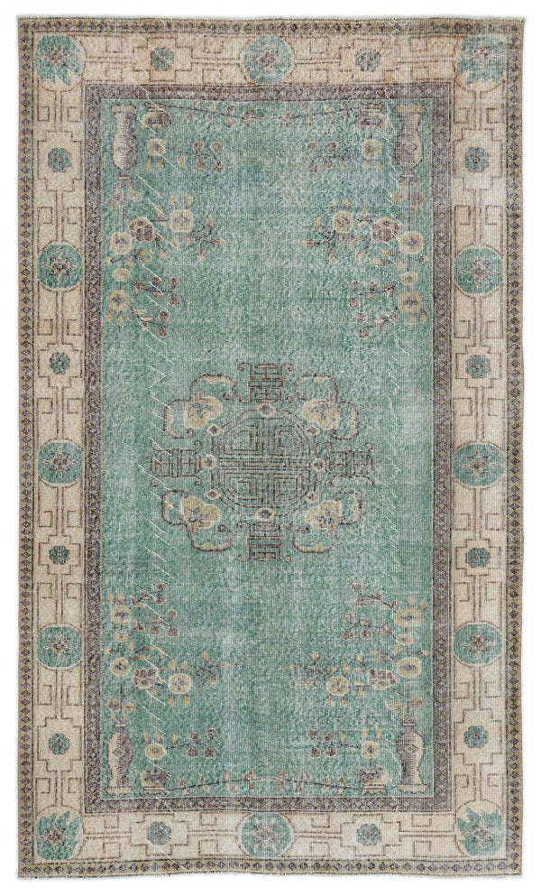 Yeşil Eskitme Geometrik Yün Halı 154x261