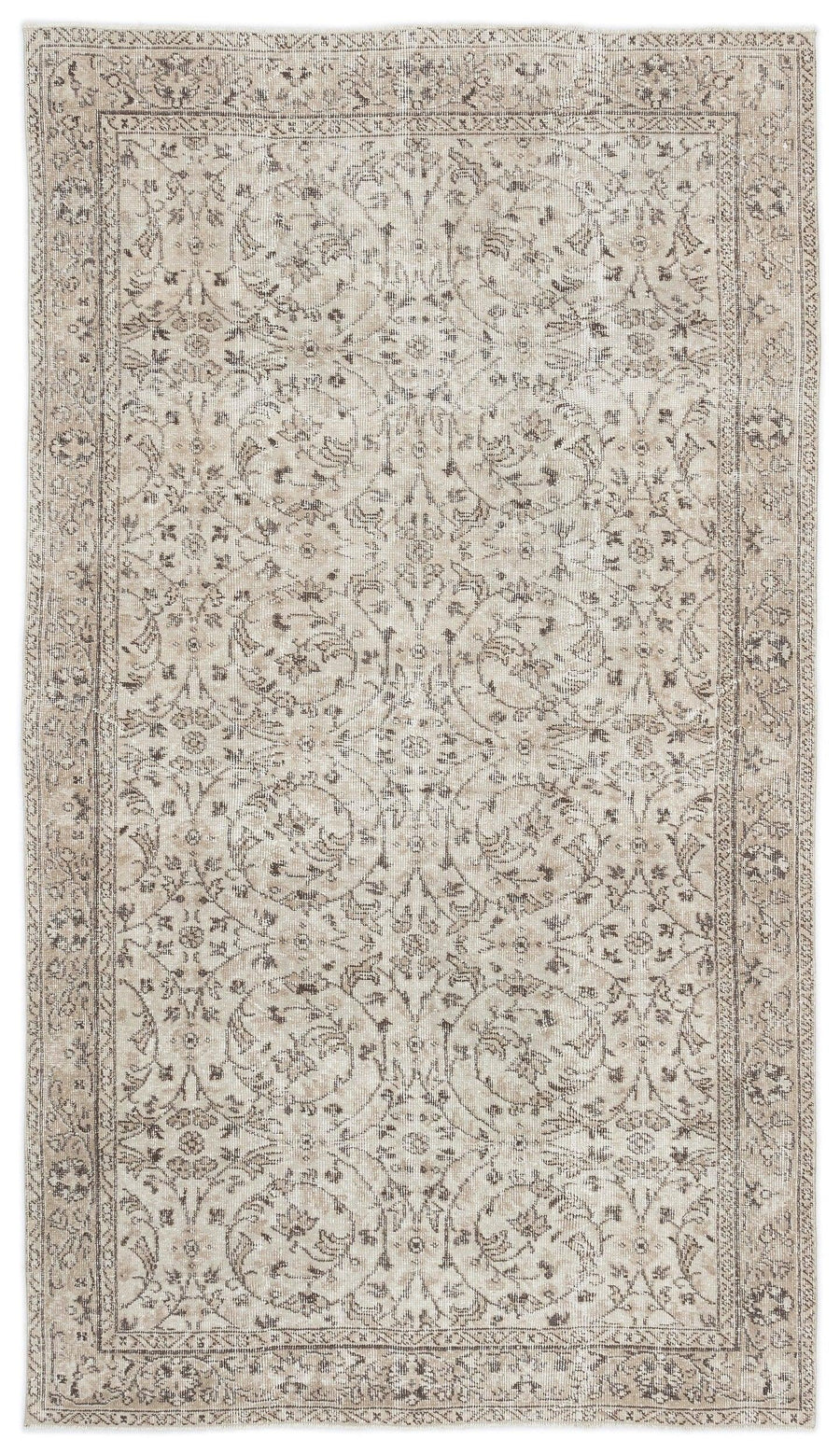 Bej Çiçek Desenli Eskitme Yün El Dokuma Halı 150x261 cm – Koridor kullanımı