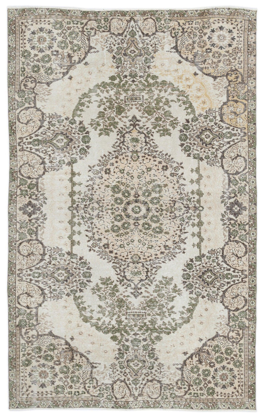 Cream and Green Medallion Vintage Turkish Rug 165x262 cm (5'5" x 8'7") – in the living room