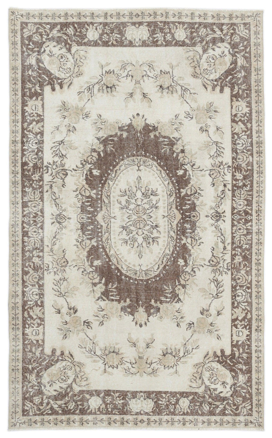 Cream and Brown Medallion Vintage Turkish Wool Rug 167x273 cm (5'6" x 8'11") – in the living room