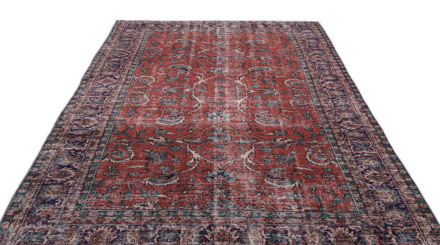 Kırmızı Anadolu Eskitme Çiçekli Yün Halı 194x308 - Özel Seri