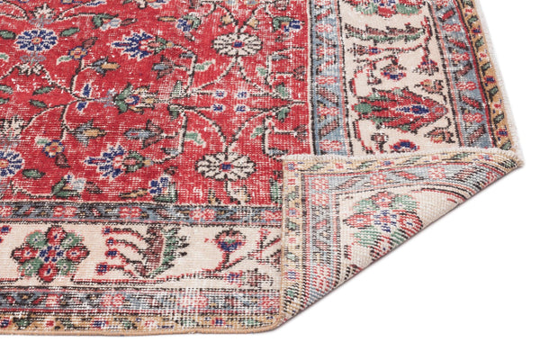 Kırmızı Anadolu Eskitme Çiçekli Yün Halı 148x264 - Özel Seri