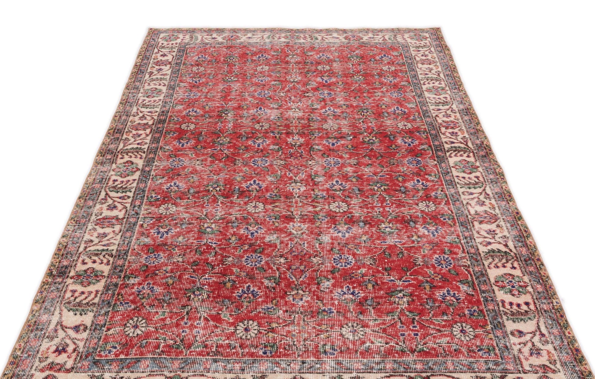 Kırmızı Anadolu Eskitme Çiçekli Yün Halı 148x264 - Özel Seri