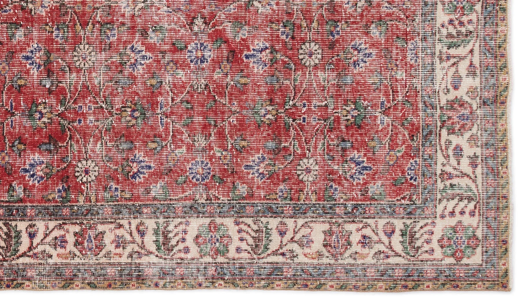 Kırmızı Anadolu Eskitme Çiçekli Yün Halı 148x264 - Özel Seri