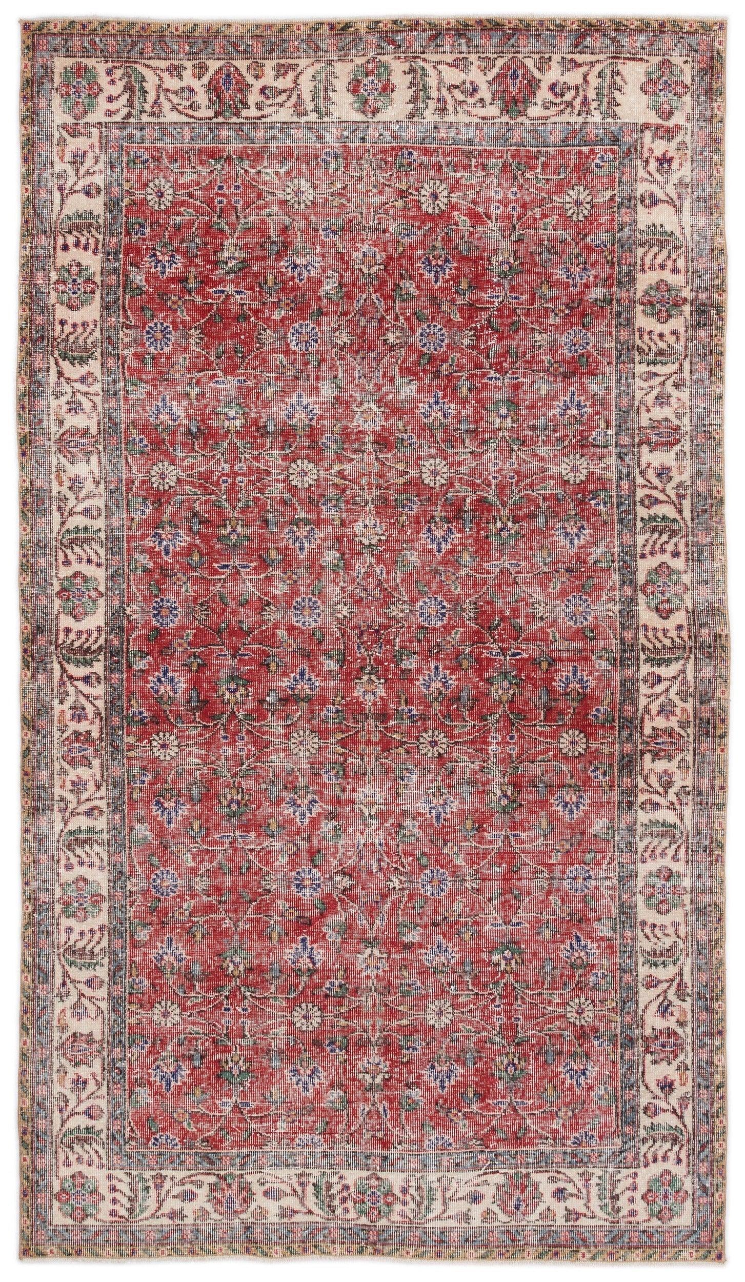 Kırmızı Anadolu Eskitme Çiçekli Yün Halı 148x264 - Özel Seri
