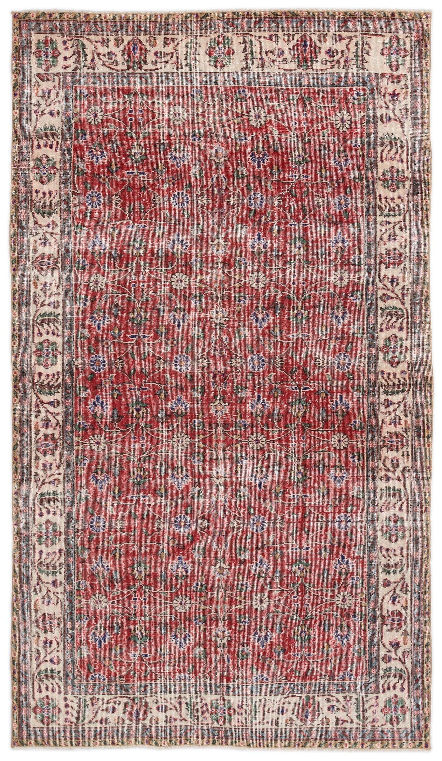 Kırmızı Anadolu Eskitme Çiçekli Yün Halı 148x264 - Özel Seri