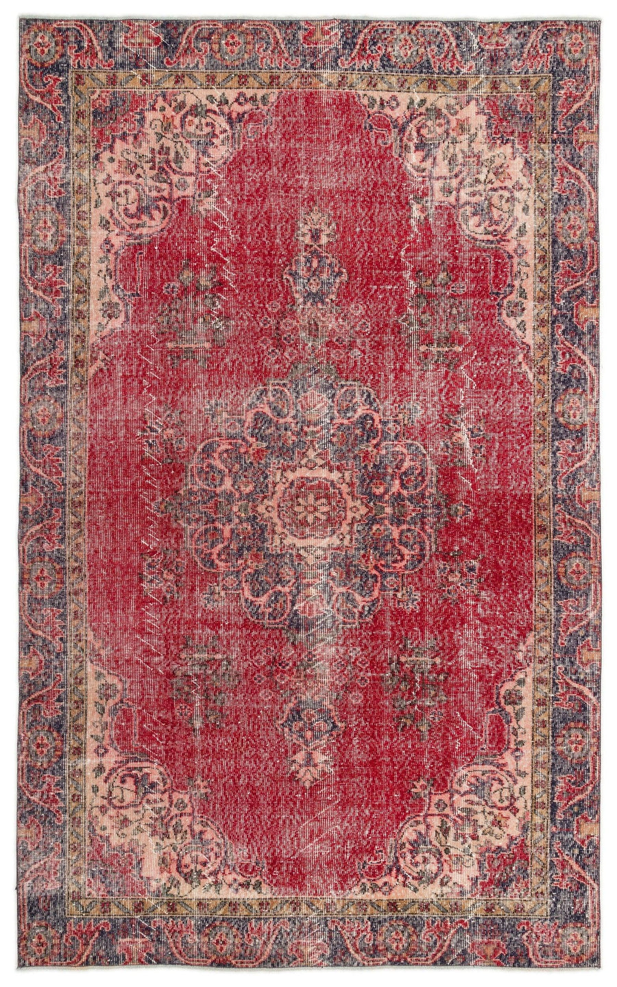 Vintage Red Turkish Rug with Navy Blue Border 173x286 cm (5'8" x 9'5") – in the hallway