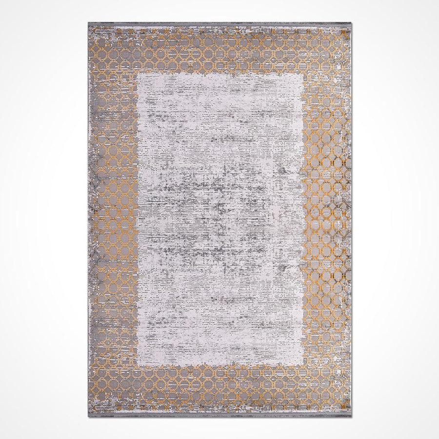 Grey Distressed Style Area Rug with Gold Geometric Pattern – in the living room